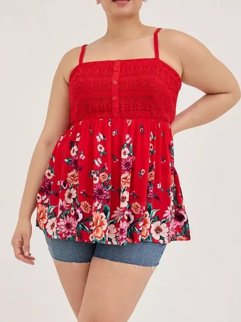torrid Red Floral Lace-Trim Tank Blouse Size 3